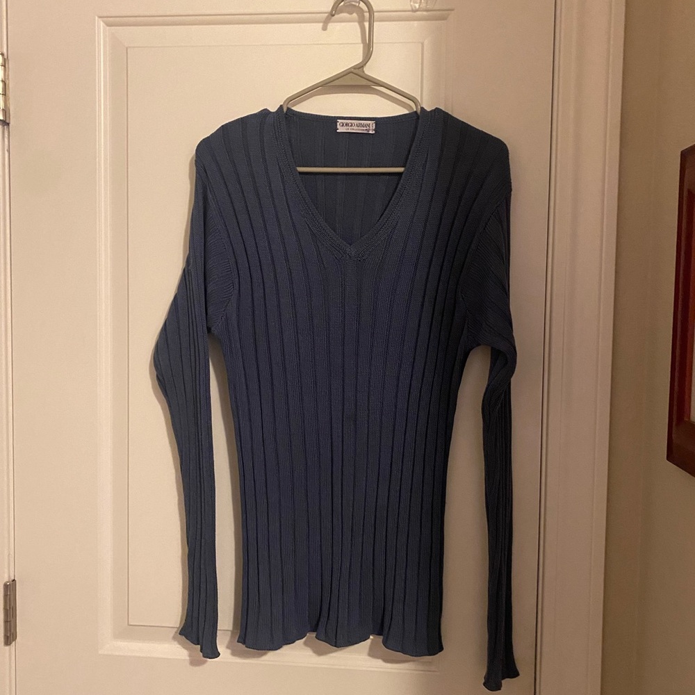 Vintage 90s Giorgio Armani Blue Ribbed V Neck Sweater